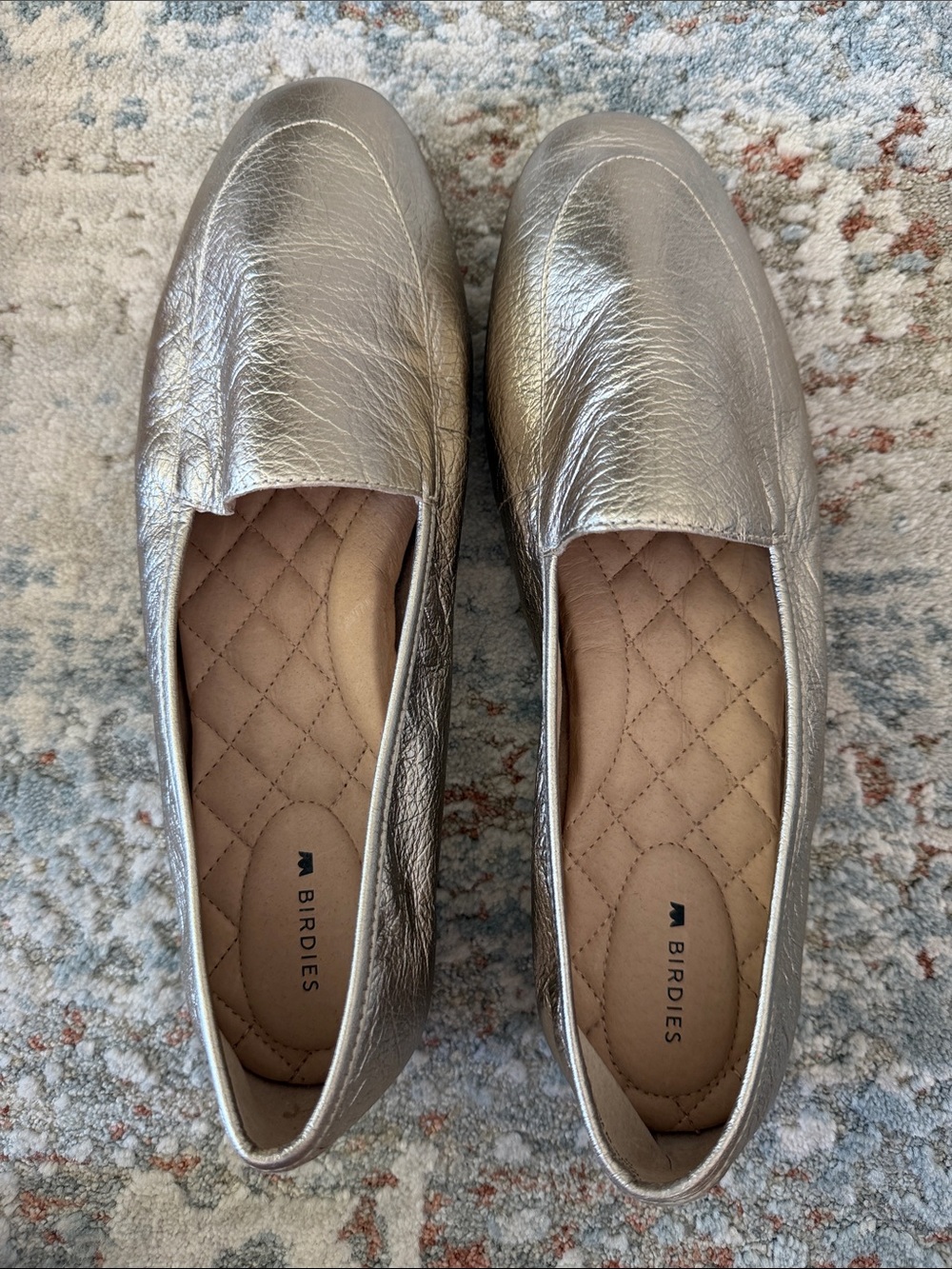 Birdies Metallic Silver Quilted Slip-On Loafers